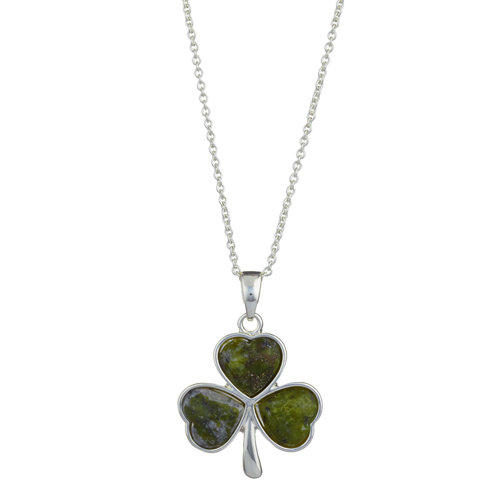 Shamrock Rhodium Plated Pendant (Irish Connemara Green Marble + 18" Rhodium Plated Chain)