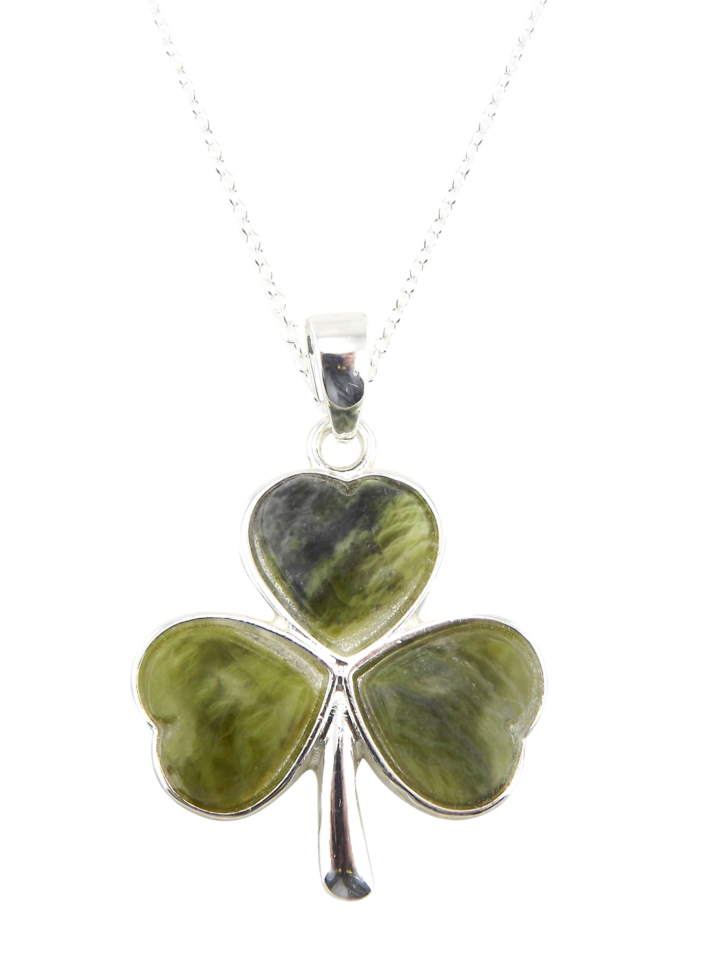 Shamrock Rhodium Plated Pendant (Irish Connemara Green Marble + 18" Rhodium Plated Chain)