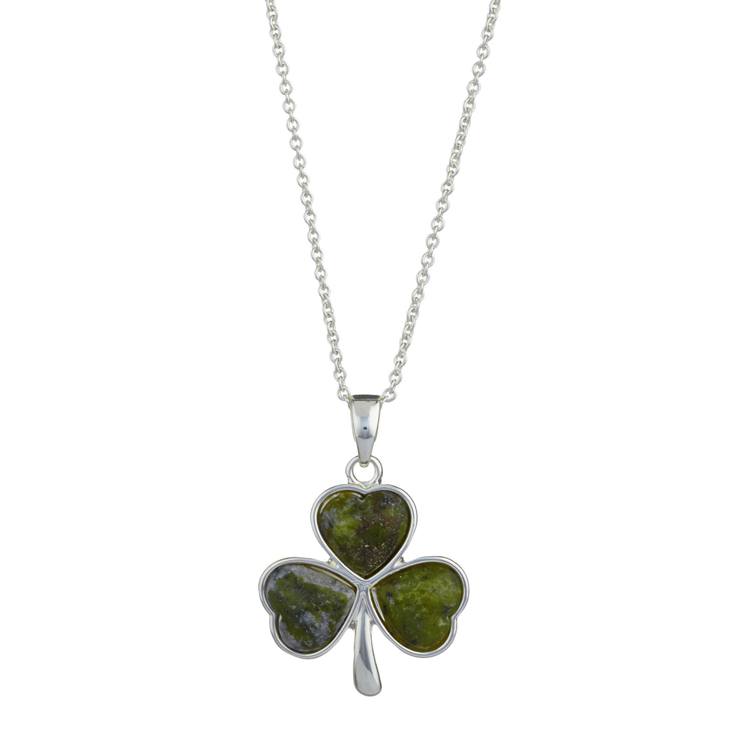Shamrock Rhodium Plated Pendant (Irish Connemara Green Marble + 18" Rhodium Plated Chain)