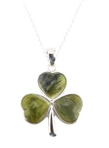 Shamrock Rhodium Plated Pendant (Irish Connemara Green Marble + 18" Rhodium Plated Chain)