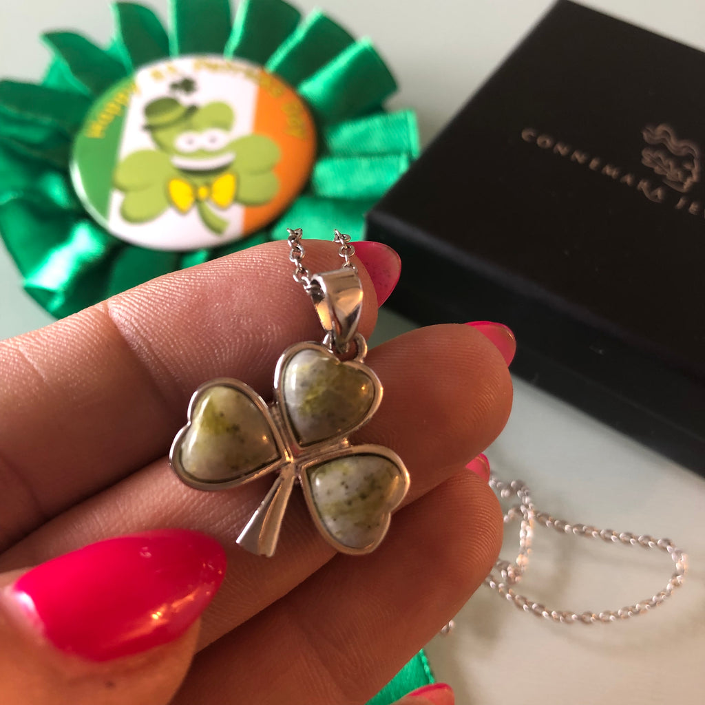 Shamrock Sterling Silver Pendant with Irish Connemara Green Marble with 18" Silver Chain