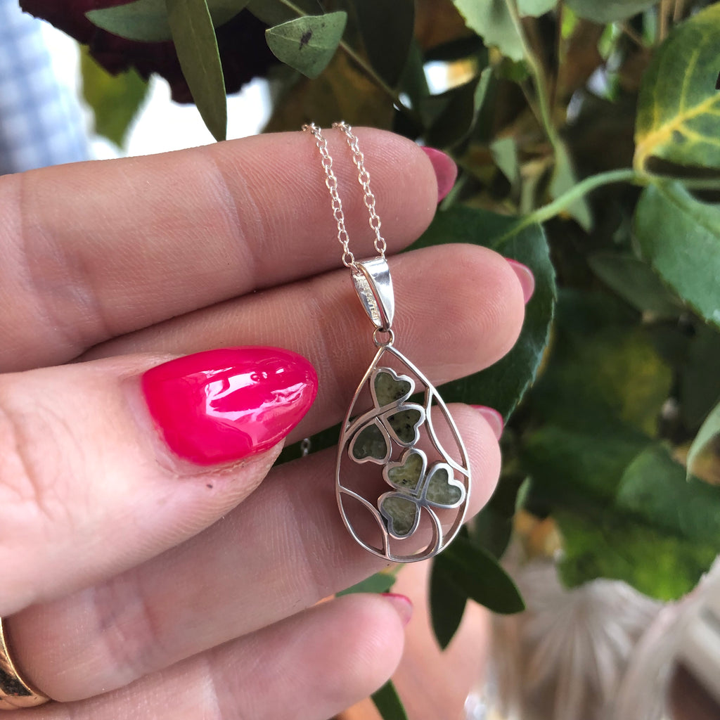 Shamrock spray Sterling Silver Connemara Marble Pendant