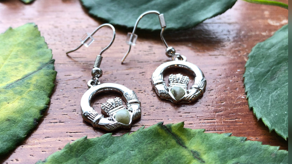 Claddagh Drop Earrings Rhodium Plated with Irish Connemara Marble