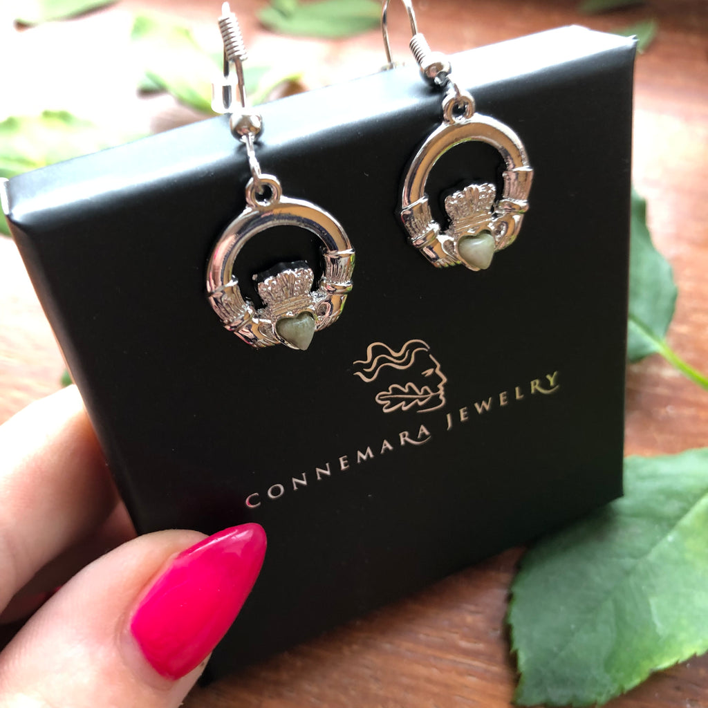 Claddagh Drop Earrings Rhodium Plated with Irish Connemara Marble