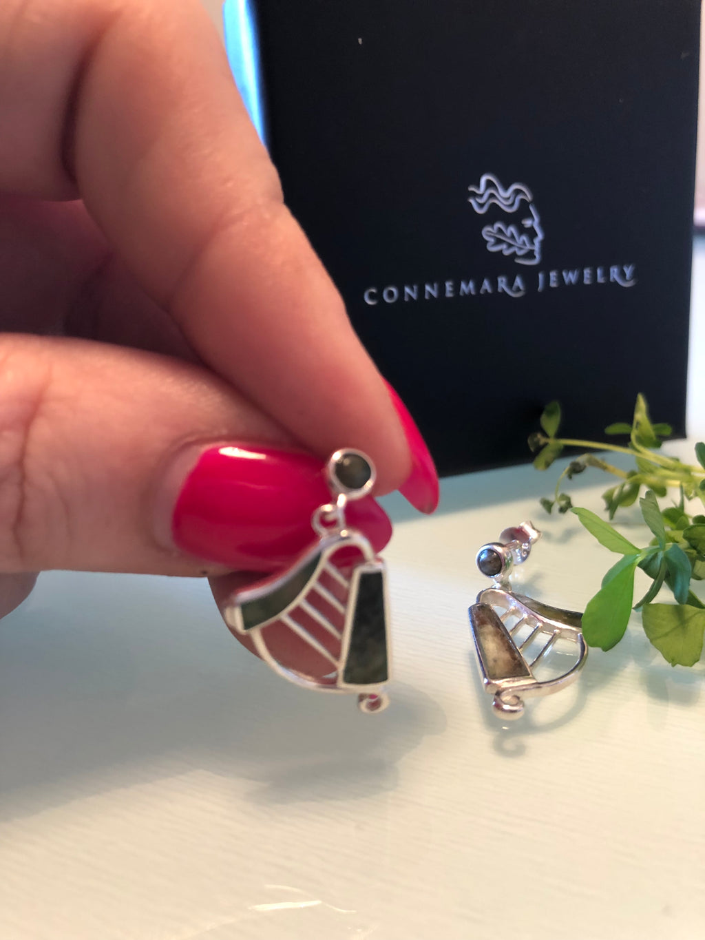 Harp Earrings Silver Connemara Marble