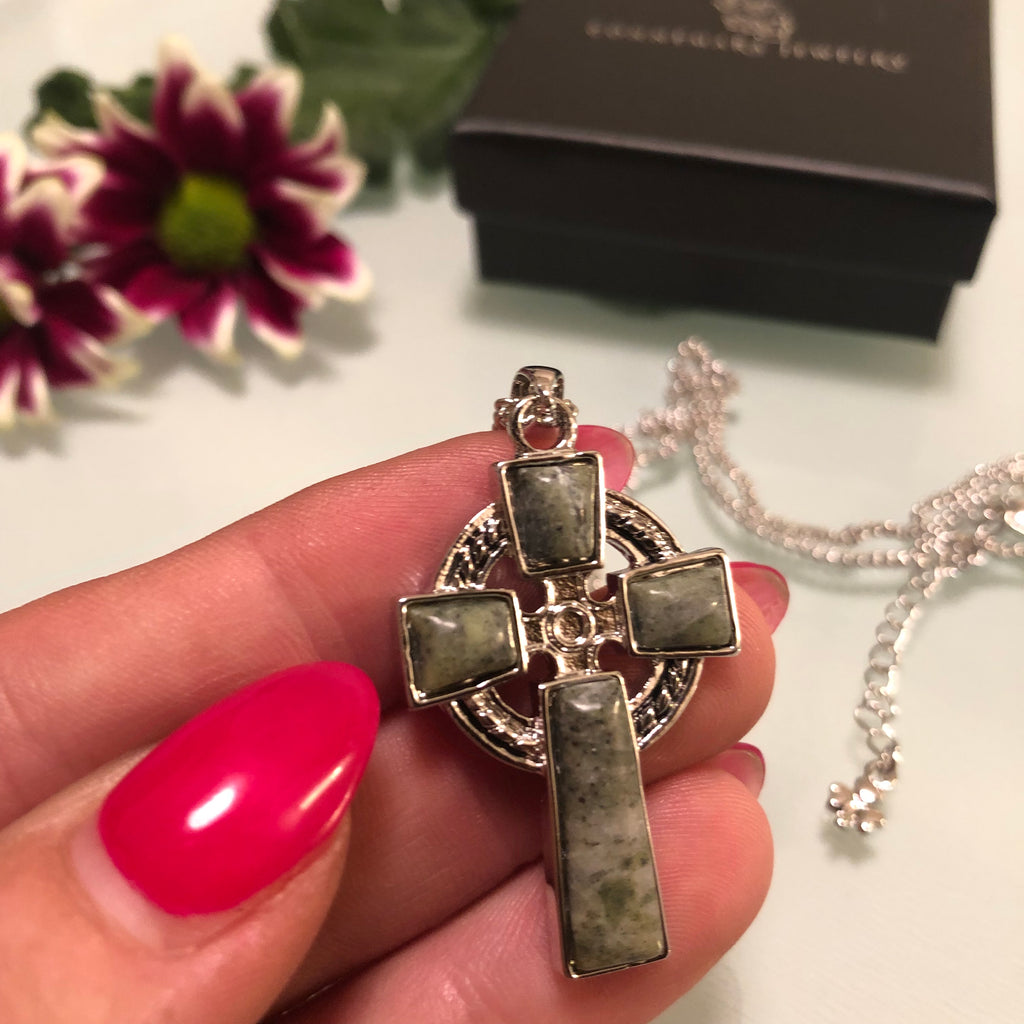 Celtic Cross with Irish Connemara Green Marble Pendant Rhodium Plated Base Metal
