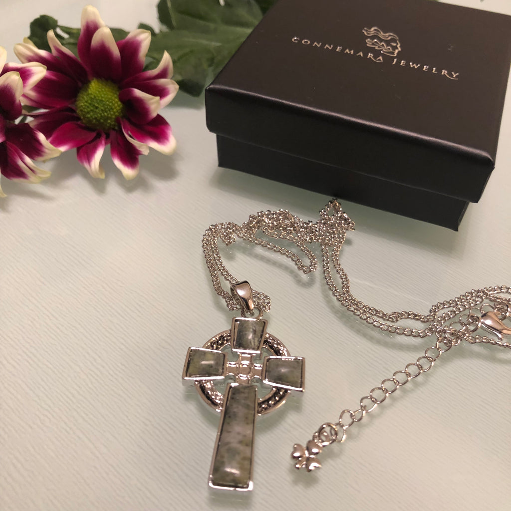 Celtic Cross with Irish Connemara Green Marble Pendant Rhodium Plated Base Metal