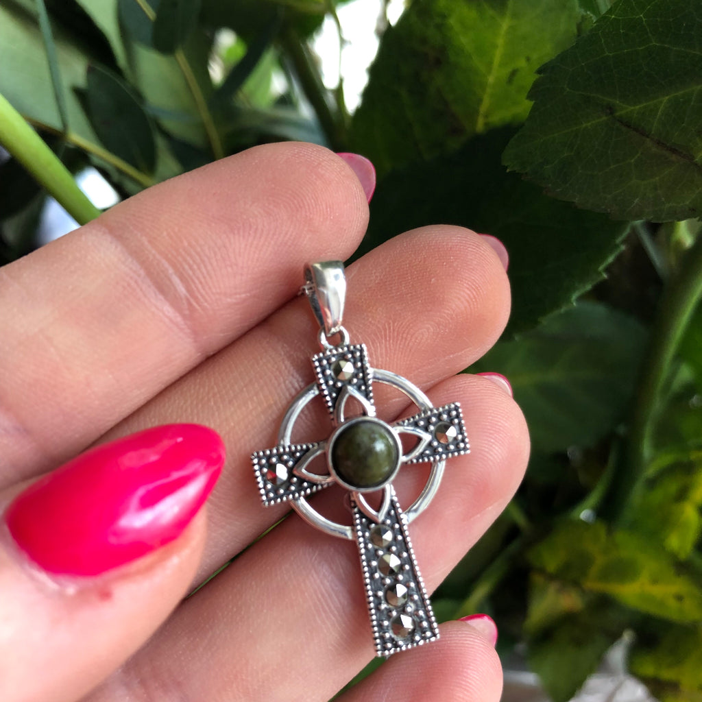 Celtic Cross Sterling Silver with Irish Connemara Green Marble Pendant