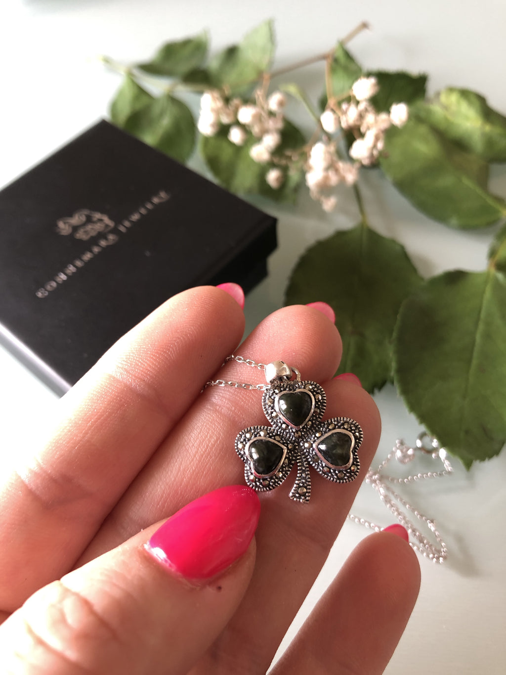 Shamrock Sterling Silver Pendant with Irish Connemara Green Marble