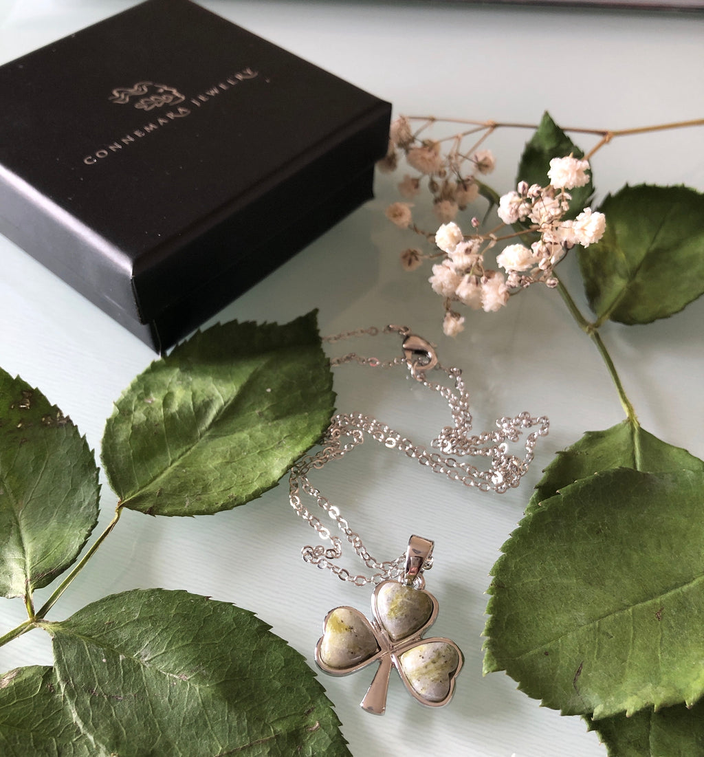 Shamrock Sterling Silver Pendant with Irish Connemara Green Marble with 18" Silver Chain