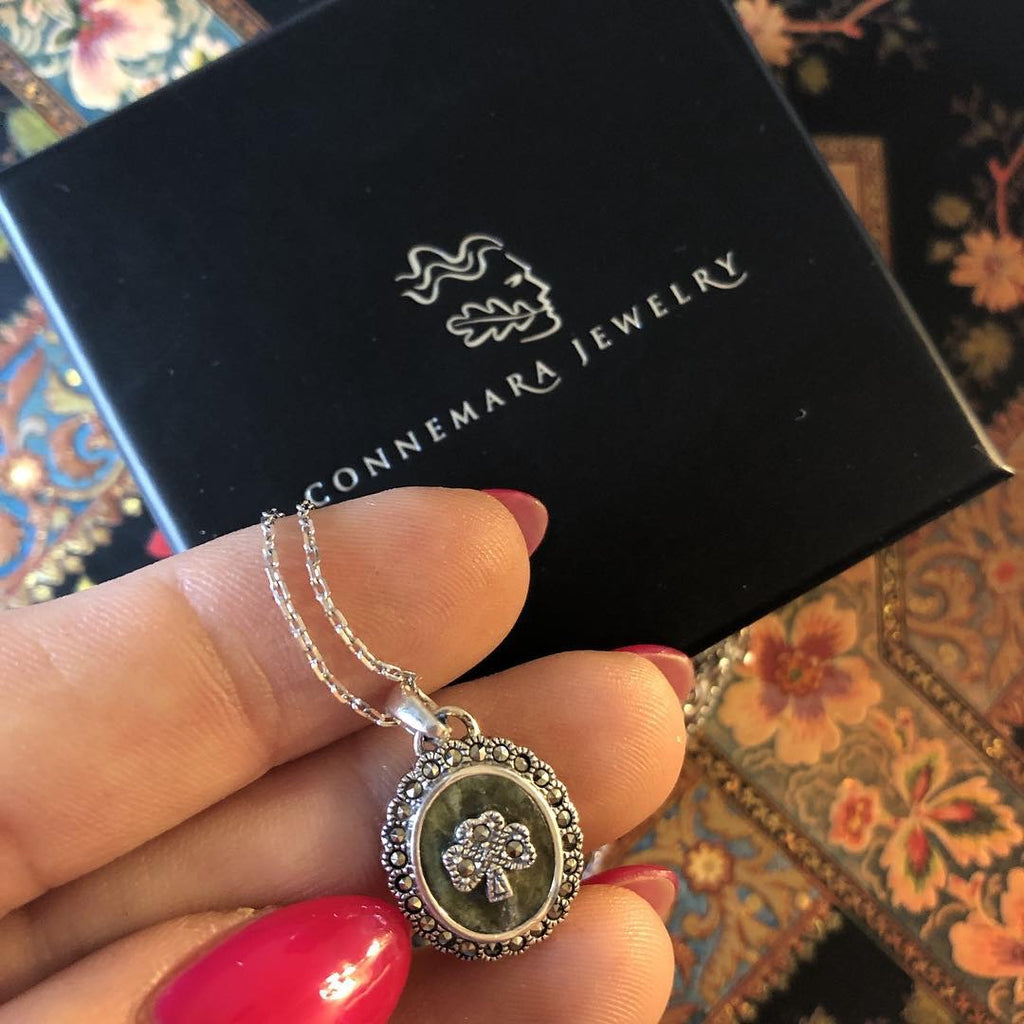 Shamrock with Marcasite and Connemara Marble Oval Pendant with 18" Silver Chain