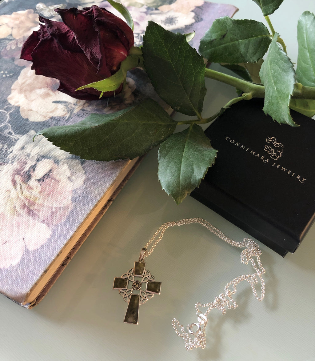 Celtic Cross Pendant Silver With Connemara Marble on 18" Silver Chain