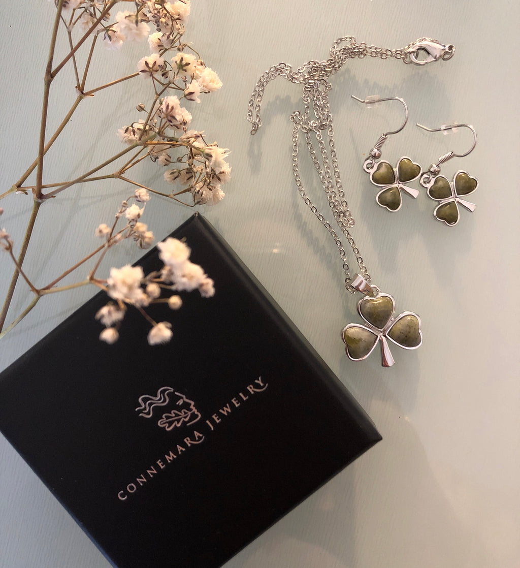 Shamrock Earrings For Women With Connemara Marble