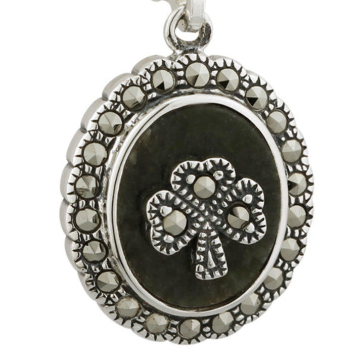 Shamrock Earrings For Women In Silver with Marcasite and Connemara marble Drop style