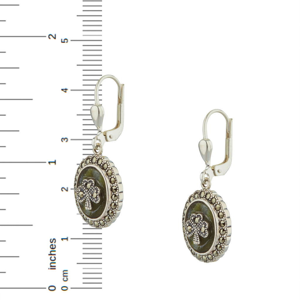 Shamrock Earrings For Women In Silver with Marcasite and Connemara marble Drop style