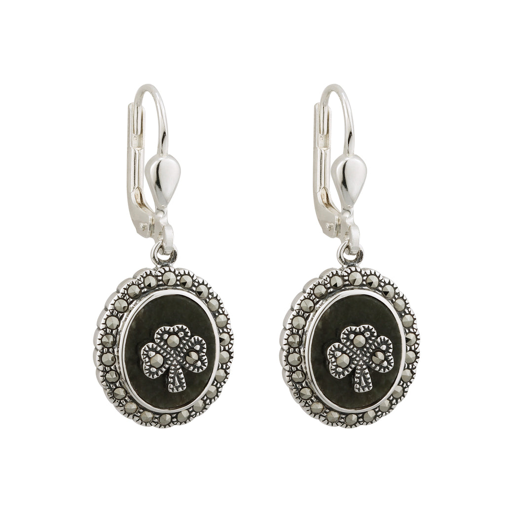 Shamrock Earrings For Women In Silver with Marcasite and Connemara marble Drop style