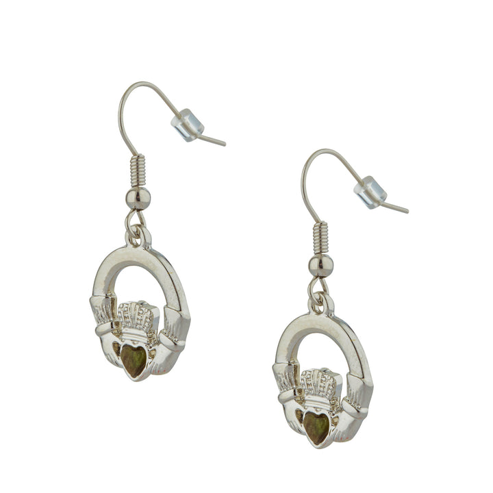 Claddagh Drop Earrings Rhodium Plated with Irish Connemara Marble