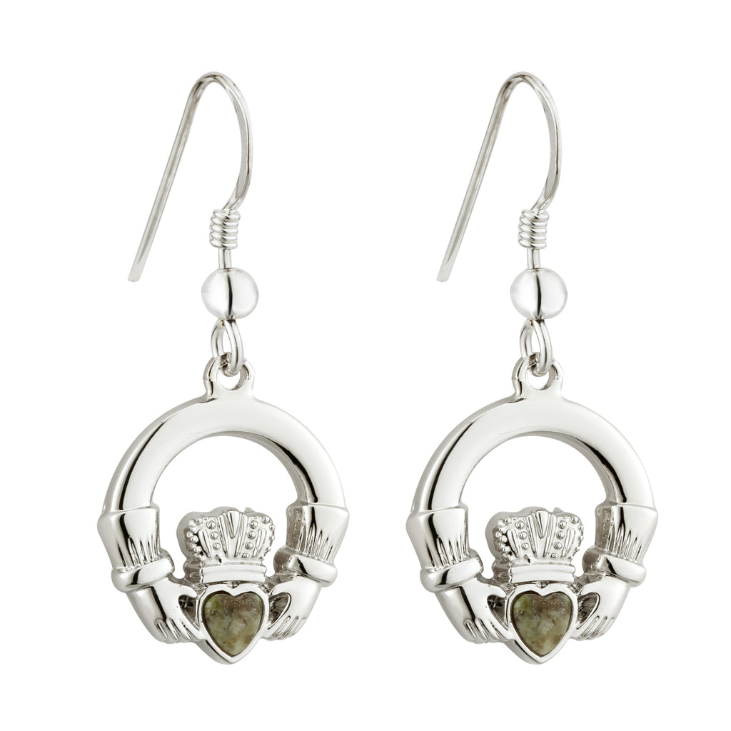 Claddagh Drop Earrings Rhodium Plated with Irish Connemara Marble