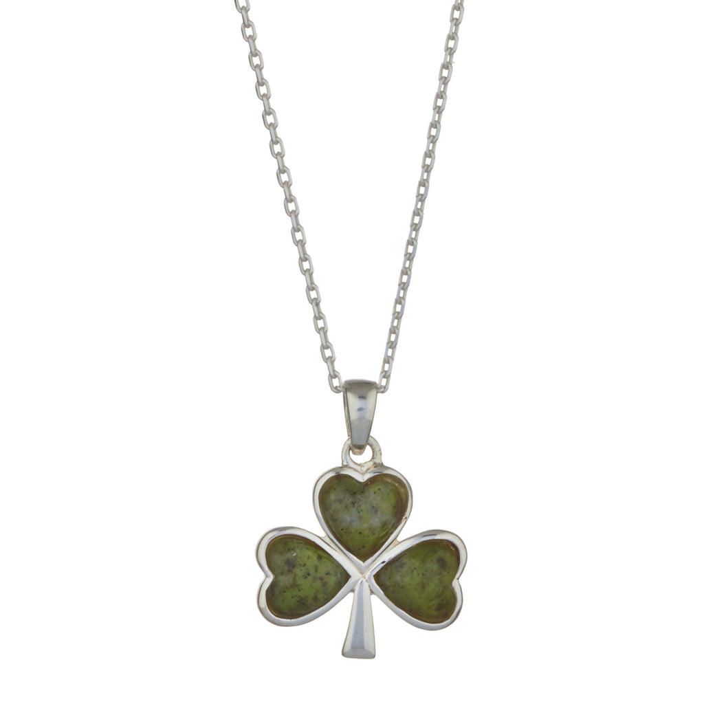 Shamrock Sterling Silver Pendant with Irish Connemara Green Marble with 18" Silver Chain
