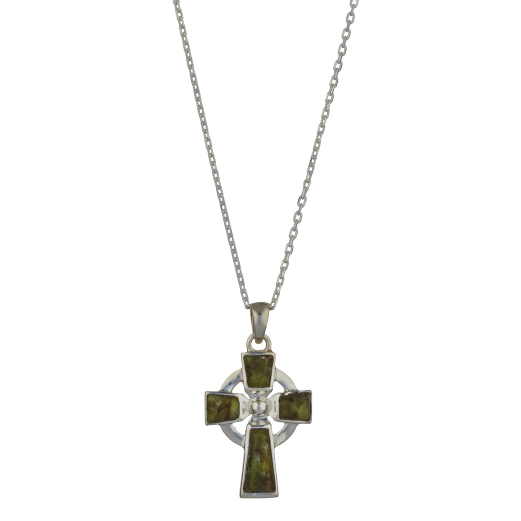 Celtic Cross Sterling Silver with Irish Connemara Green Marble Pendant with 18 Inch Silver Chain