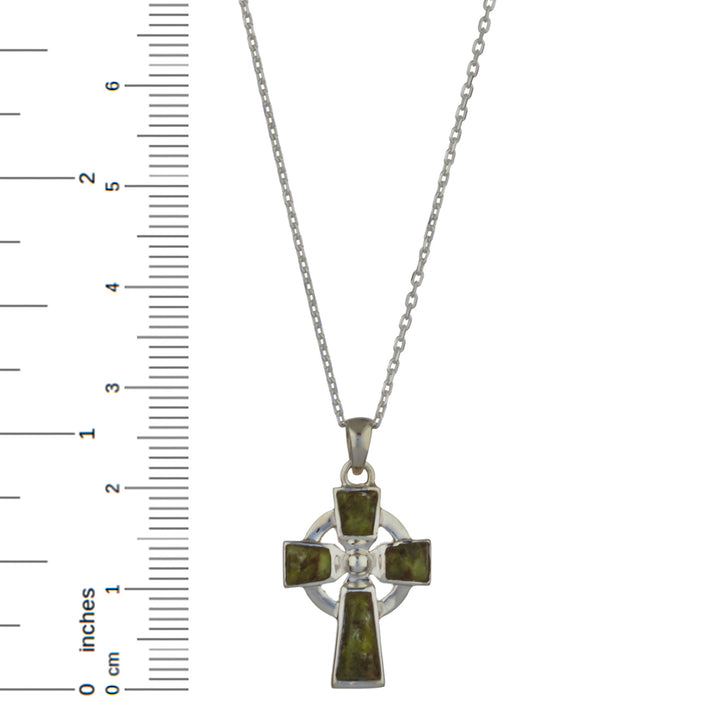 Celtic Cross Sterling Silver with Irish Connemara Green Marble Pendant with 18 Inch Silver Chain