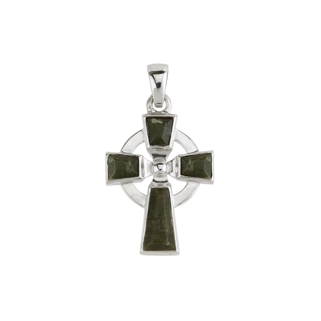 Celtic Cross Sterling Silver with Irish Connemara Green Marble Pendant with 18 Inch Silver Chain