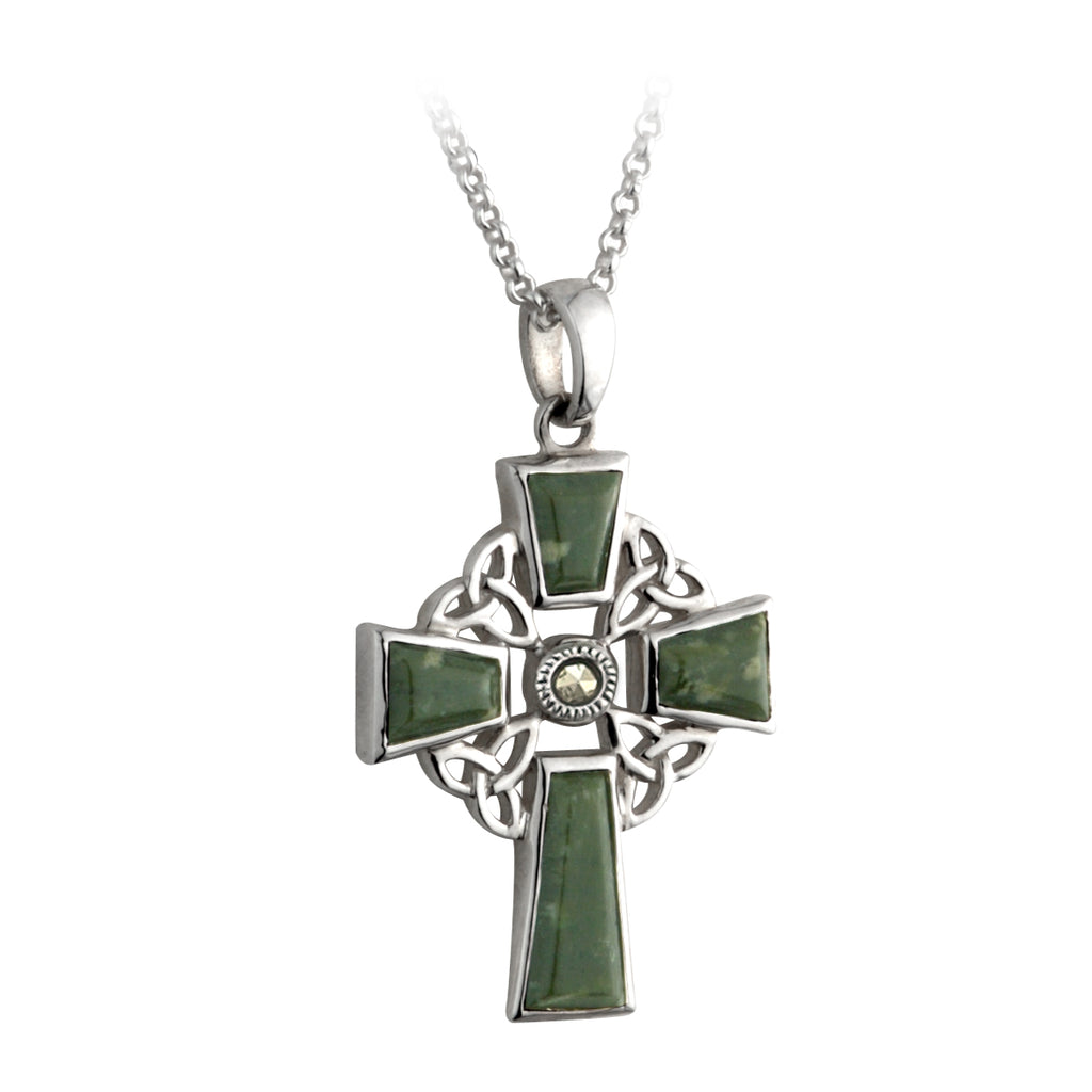 Celtic Cross Pendant Silver With Connemara Marble on 18" Silver Chain