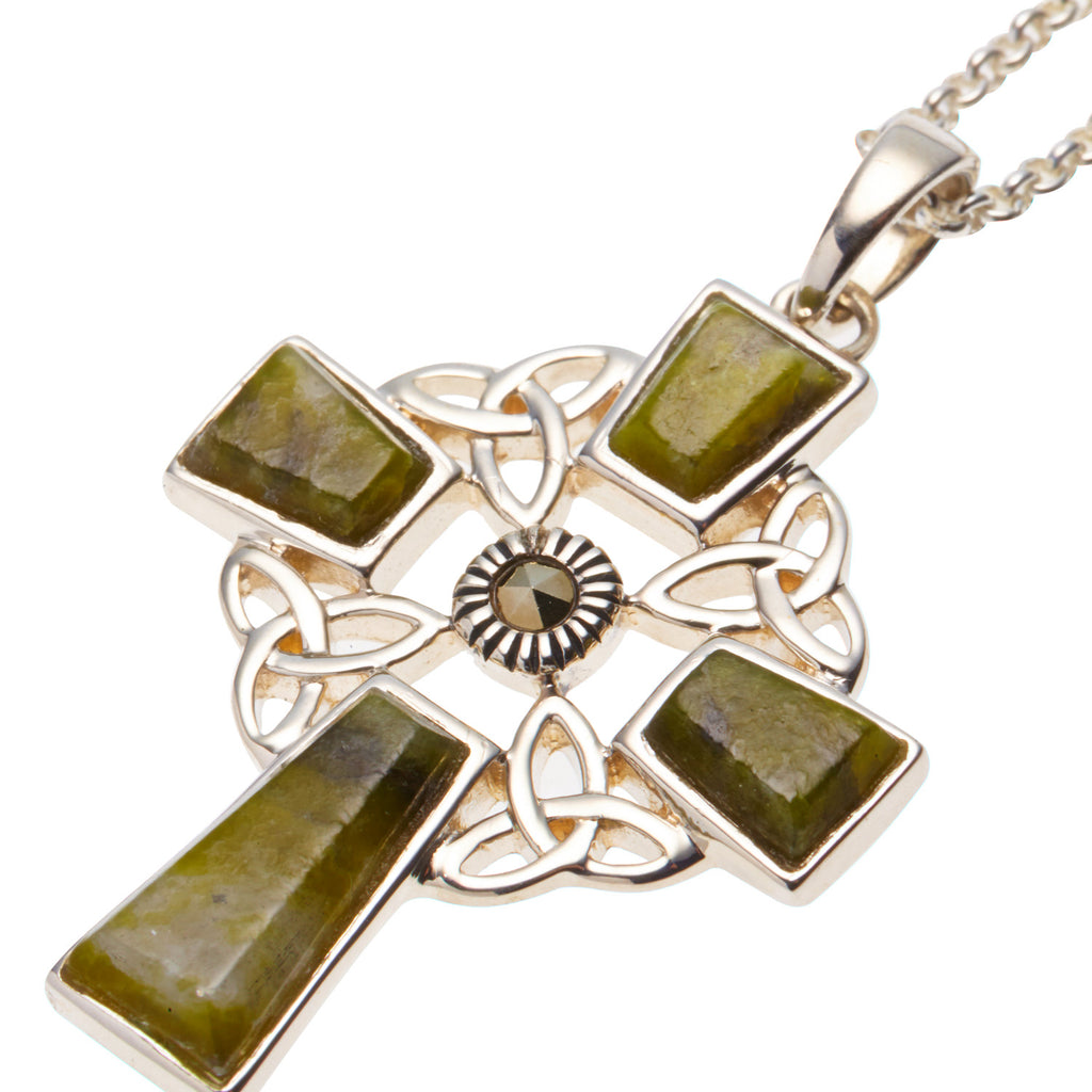 Celtic Cross Pendant Silver With Connemara Marble on 18" Silver Chain