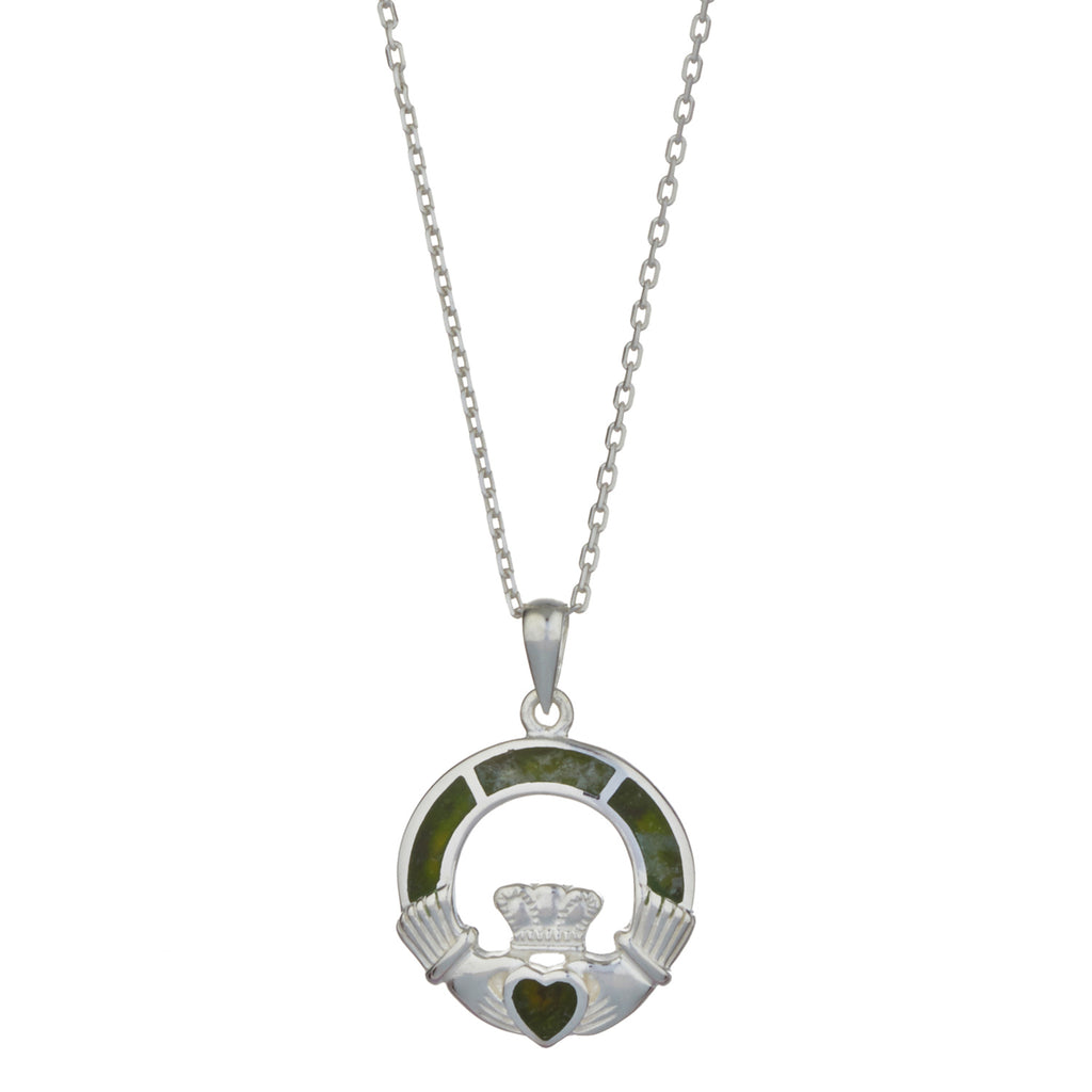 Claddagh Sterling Silver Pendant with Connemara Green Marble with 18" Silver Chain