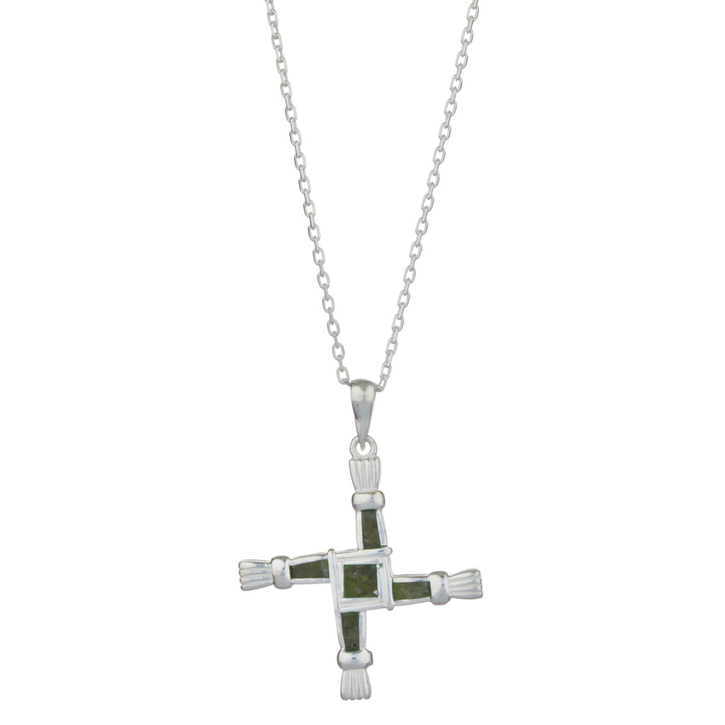Sterling Silver St. Brigid's Cross w/ Irish Connemara Green Marble Pendant with 18" Silver Chain