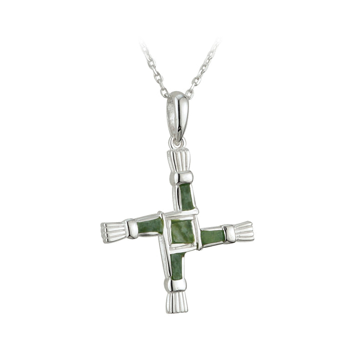 Sterling Silver St. Brigid's Cross w/ Irish Connemara Green Marble Pendant with 18" Silver Chain