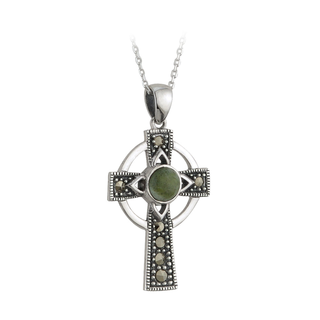 Celtic Cross Sterling Silver with Irish Connemara Green Marble Pendant
