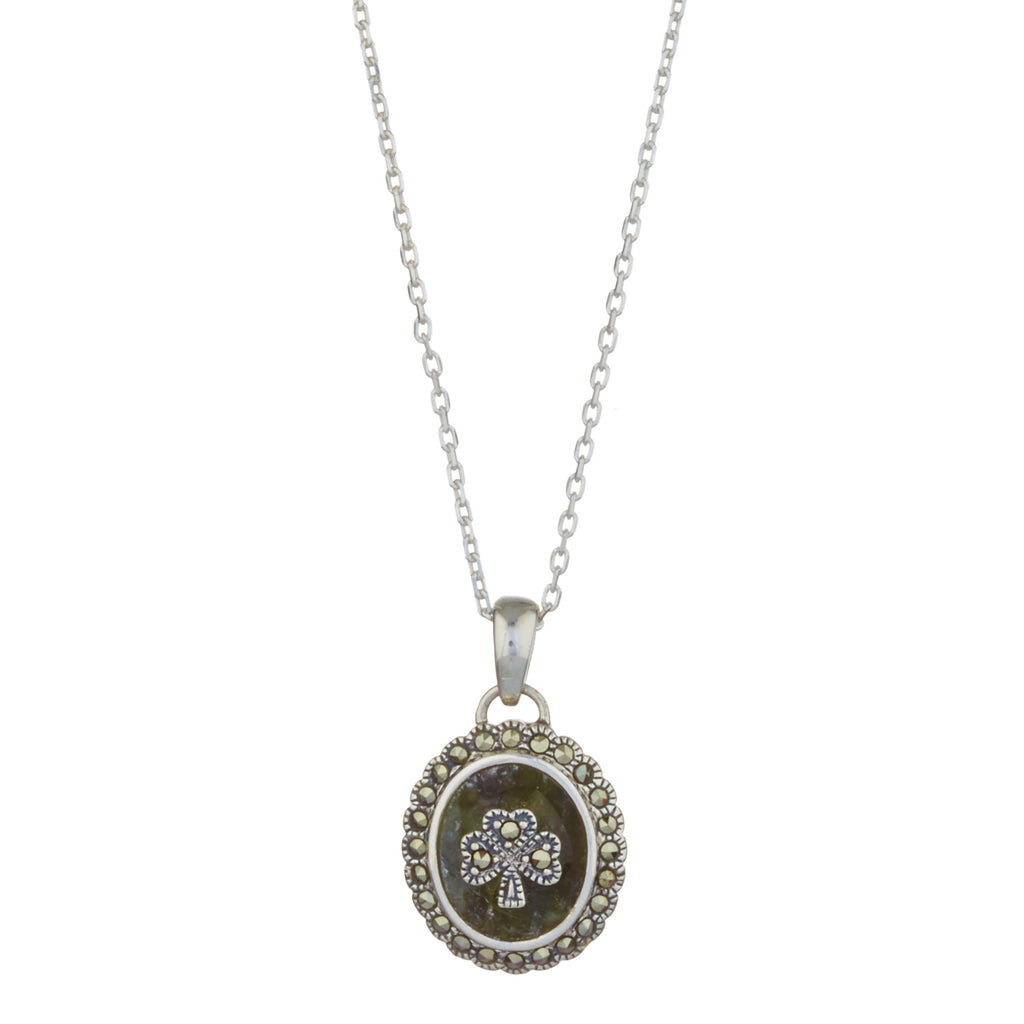 Shamrock with Marcasite and Connemara Marble Oval Pendant with 18" Silver Chain