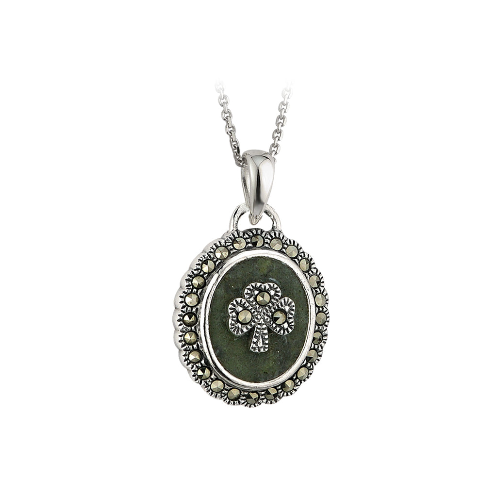 Shamrock with Marcasite and Connemara Marble Oval Pendant with 18" Silver Chain