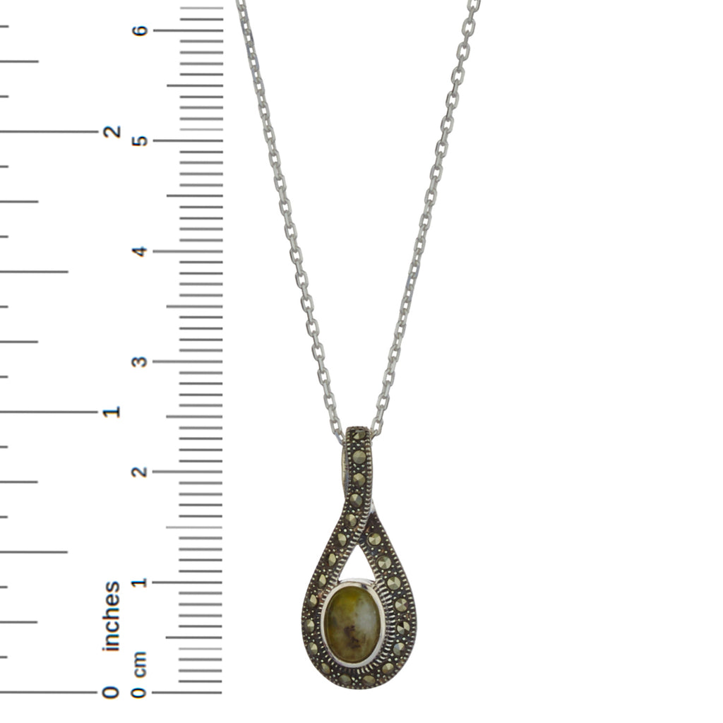 Sterling Silver Irish Connemara Green Marble & Marcasite Pendant with 18" Silver Chain