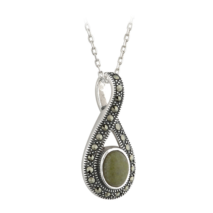 Sterling Silver Irish Connemara Green Marble & Marcasite Pendant with 18" Silver Chain
