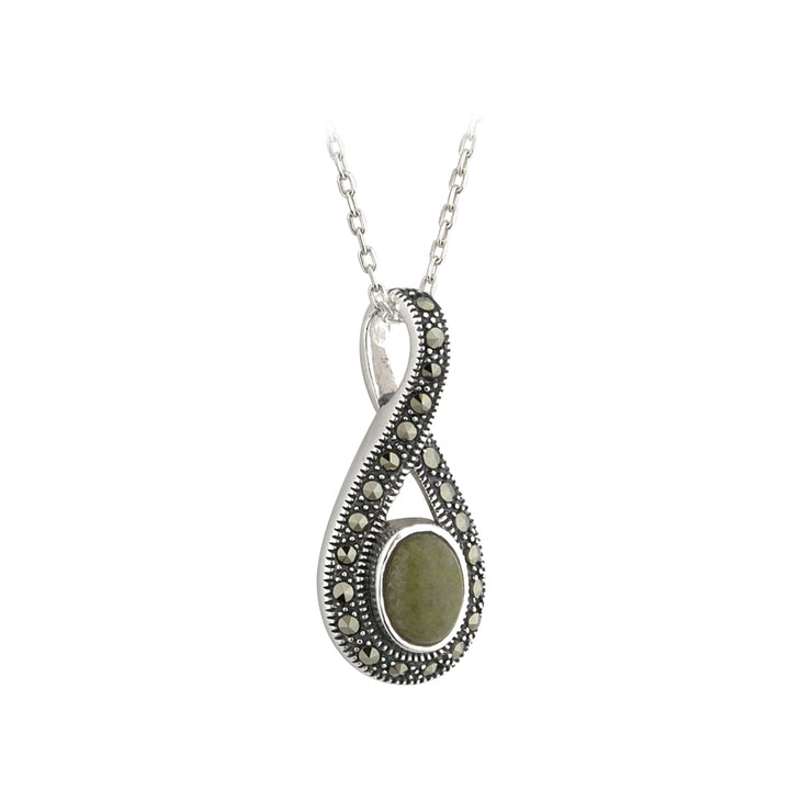Sterling Silver Irish Connemara Green Marble & Marcasite Pendant with 18" Silver Chain