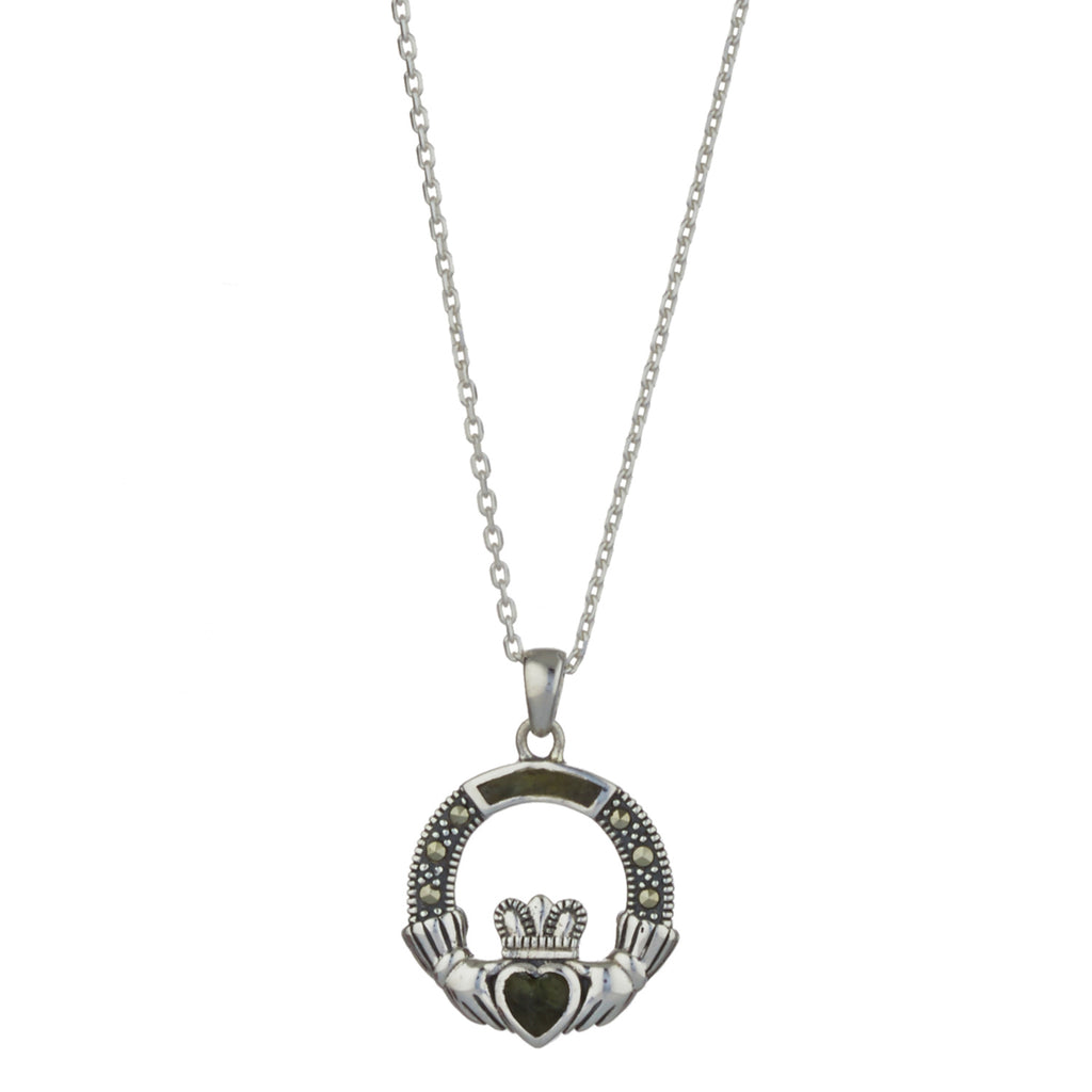 Claddagh Sterling Silver Pendant with Marcasite & Irish Connemara Green Marble w/ 18" Silver Chain