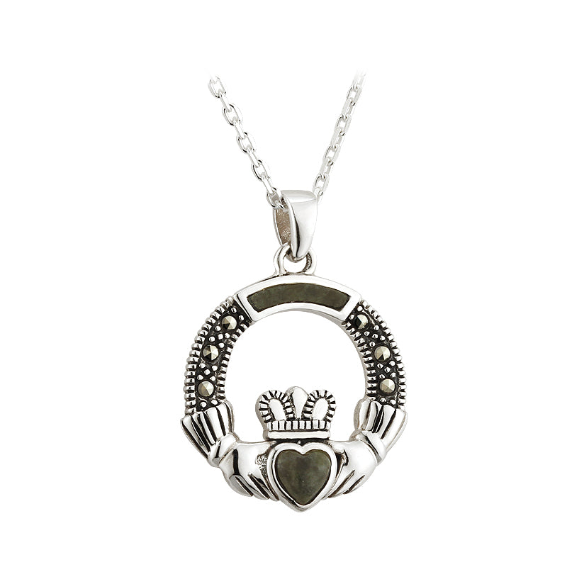 Claddagh Sterling Silver Pendant with Marcasite & Irish Connemara Green Marble w/ 18" Silver Chain