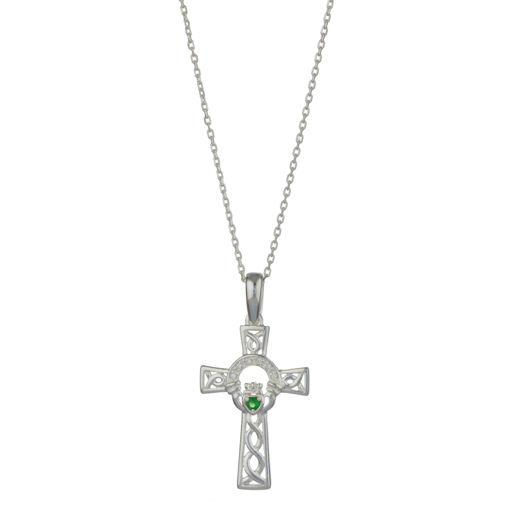 Celtic Cross Pendant Silver incorporating Claddagh Necklace Design,18" Silver Chain