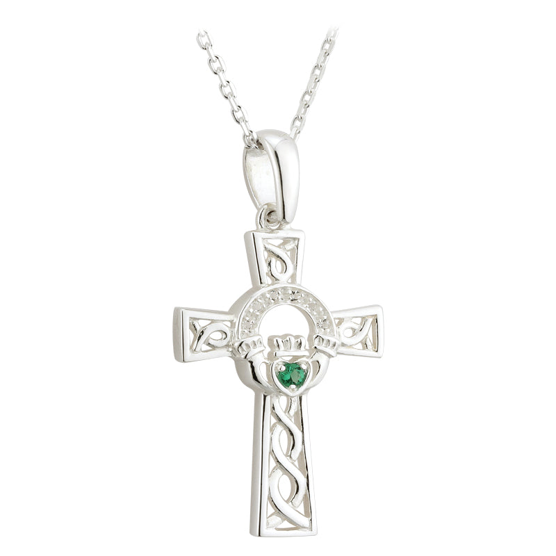 Celtic Cross Pendant Silver incorporating Claddagh Necklace Design,18" Silver Chain