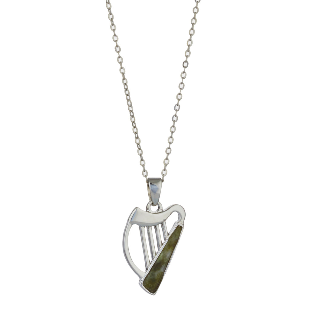 Harp w/ Irish Connemara Green Marble Rhodium Plated Non Precious Metal Pendant & 18" Rhodium Chain