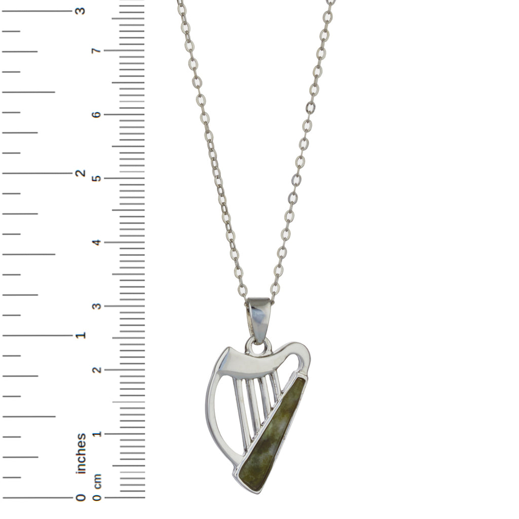 Harp w/ Irish Connemara Green Marble Rhodium Plated Non Precious Metal Pendant & 18" Rhodium Chain