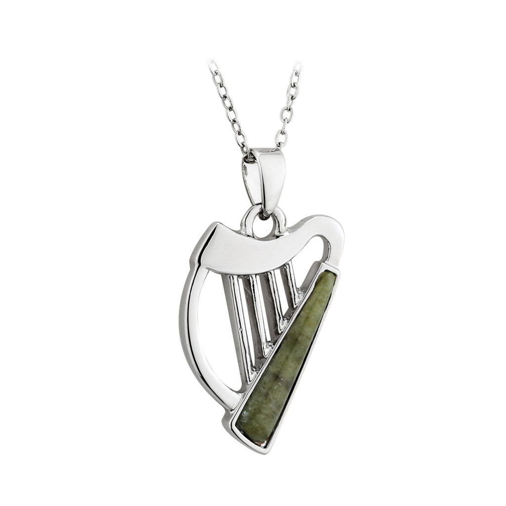 Harp w/ Irish Connemara Green Marble Rhodium Plated Non Precious Metal Pendant & 18" Rhodium Chain