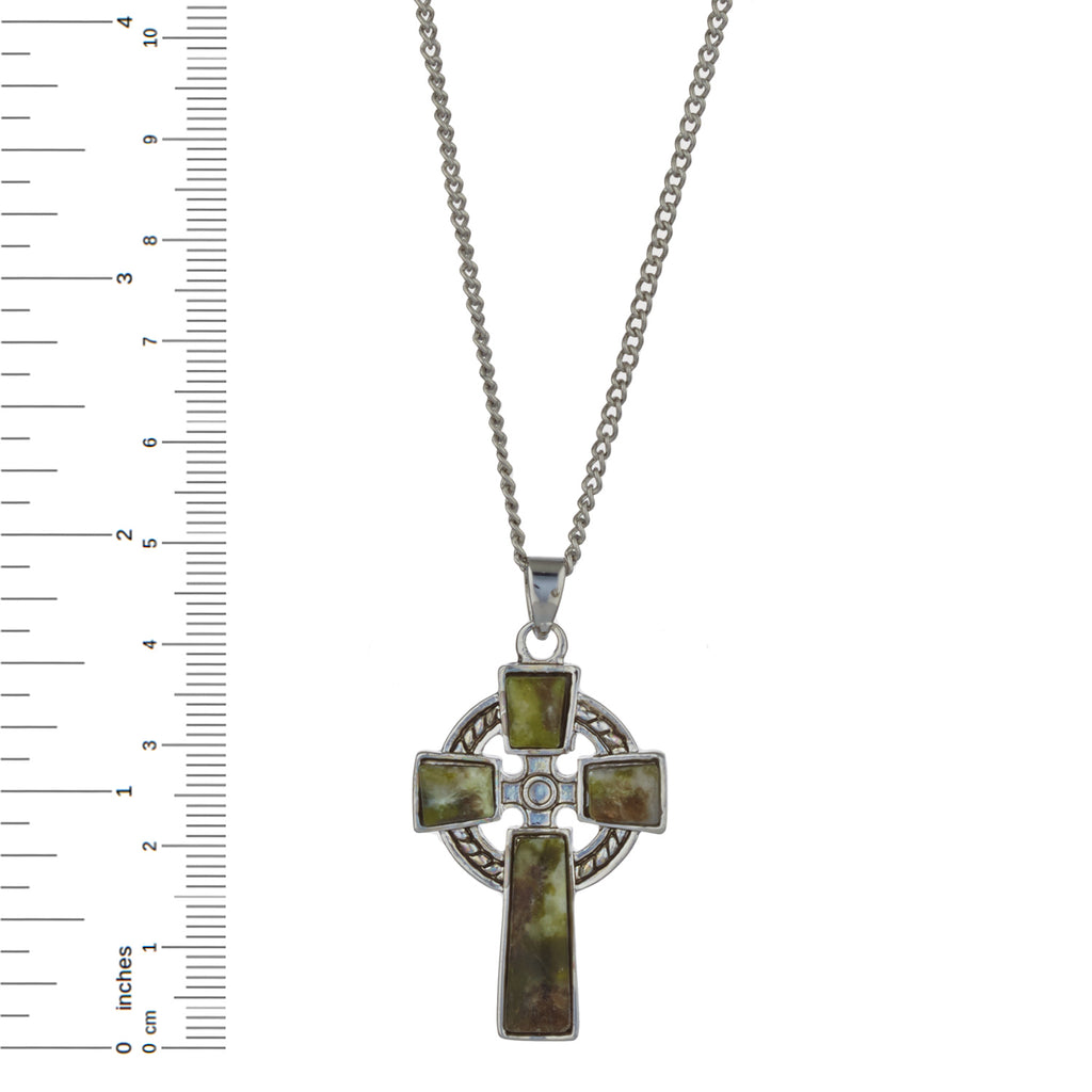 Celtic Cross with Irish Connemara Green Marble Pendant Rhodium Plated Base Metal