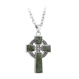 Celtic Cross with Irish Connemara Green Marble Pendant Rhodium Plated Base Metal