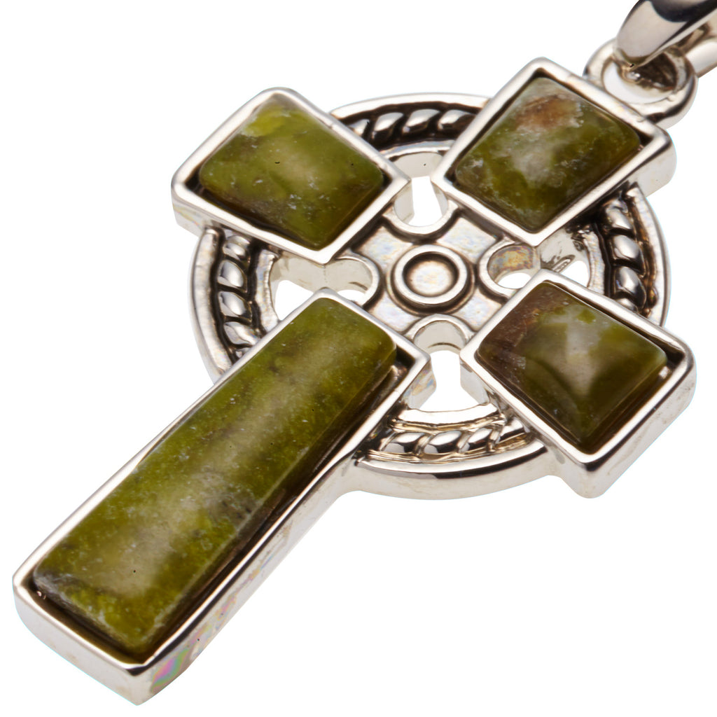 Celtic Cross with Irish Connemara Green Marble Pendant Rhodium Plated Base Metal