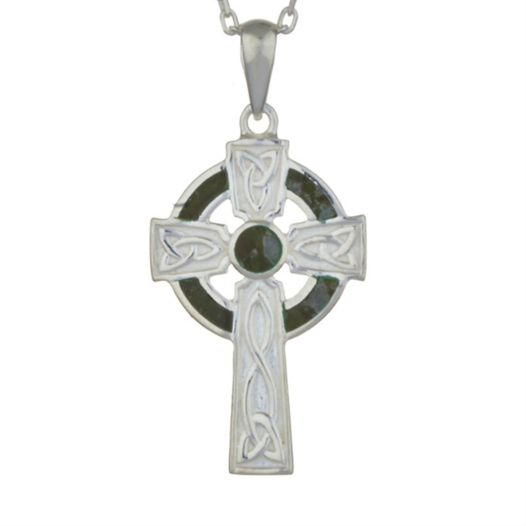 Celtic Cross Necklace For Women In Silver with Connemara Marble on 18" chain
