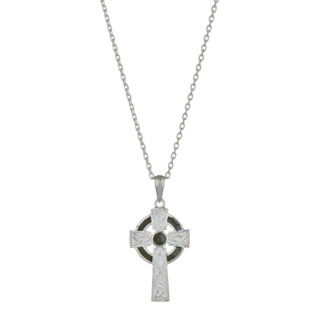 Celtic Cross Necklace For Women In Silver with Connemara Marble on 18" chain