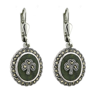 Shamrock Earrings For Women In Silver with Marcasite and Connemara marble Drop style